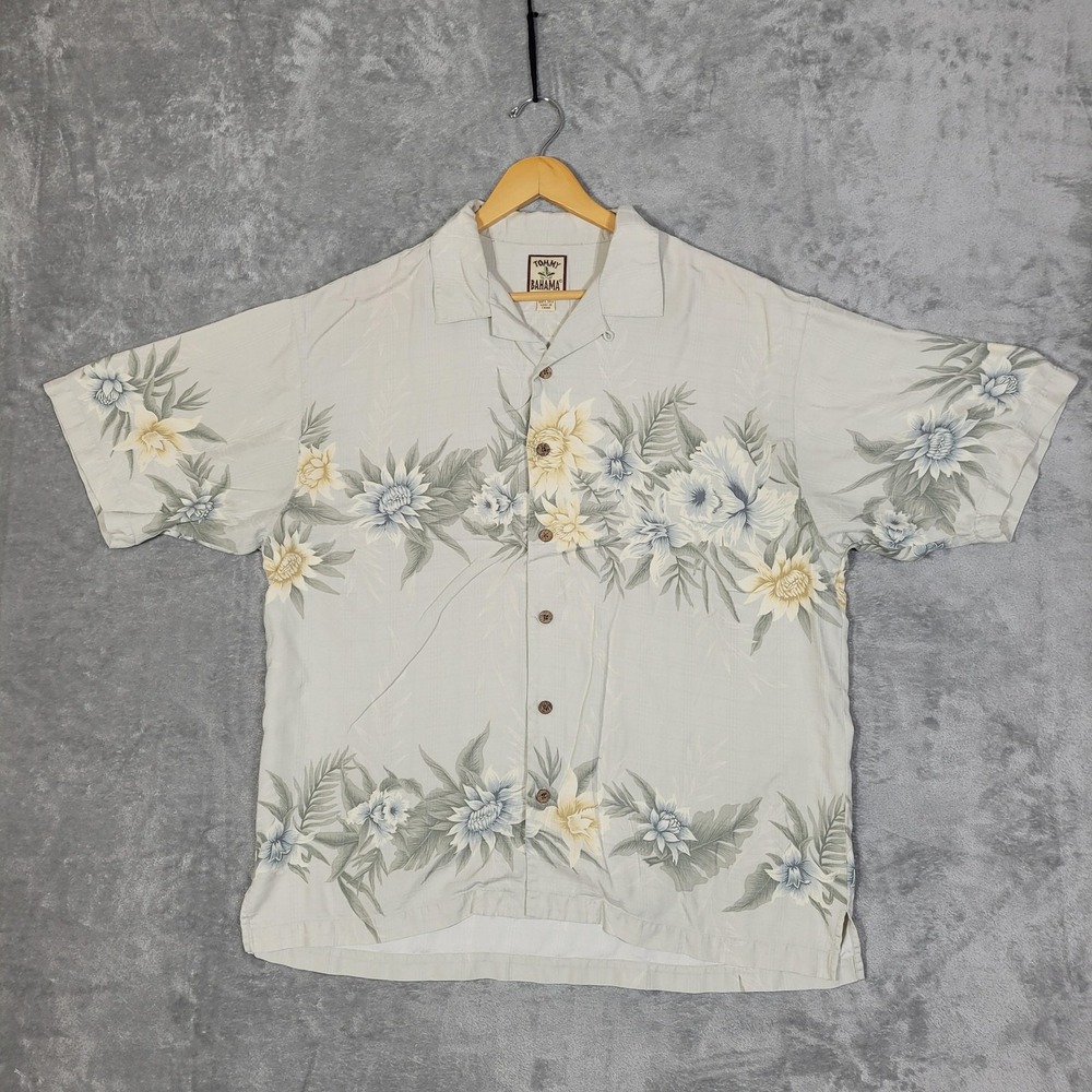 Tommy Bahama Shirt Mens Large Beige Silk Floral Hawaiian Button Up Camp Casual